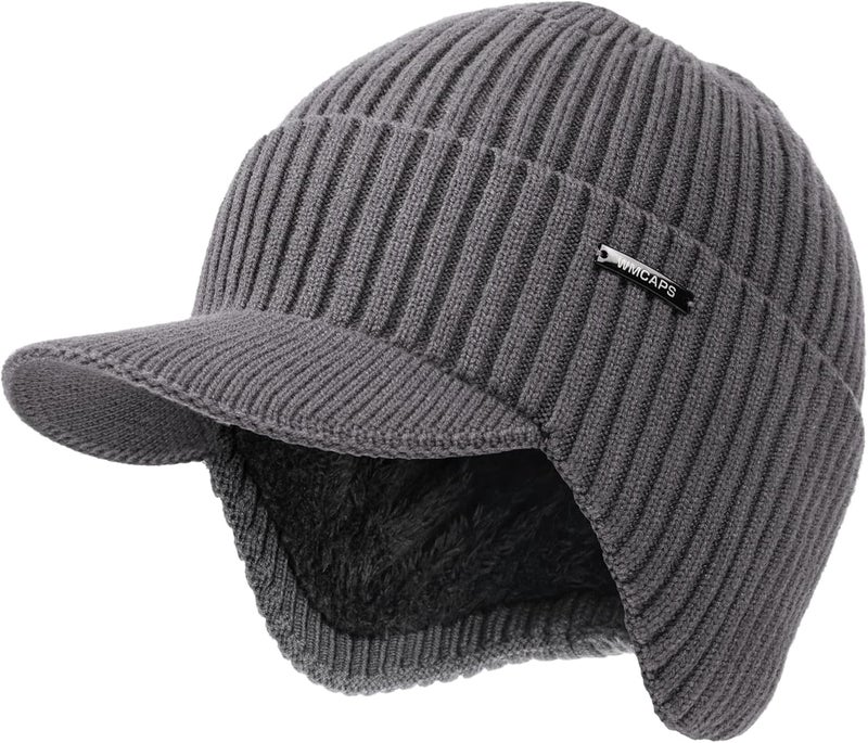 Wmcaps Winter Beanie with Brim and Ear Flaps, Outdoor Warm Fleece Lined Knit Hat Stocking Caps for Men Women - Image 1